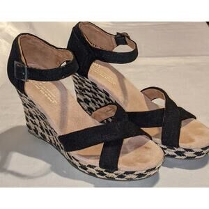 Toms Women's Espadrille Wedge Sandals Black Strappy Ankle Strap Size 7.5